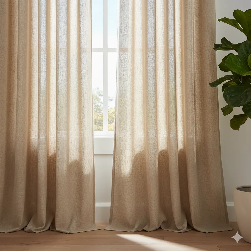 Natural linen curtain panels in warm beige color